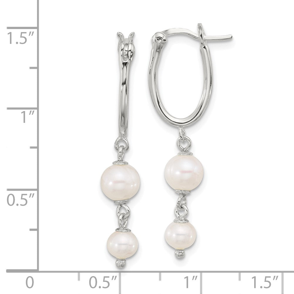 QE17241 Sterling Silver Polished Double FWC Pearl Dangle Oval Hoop Earrings