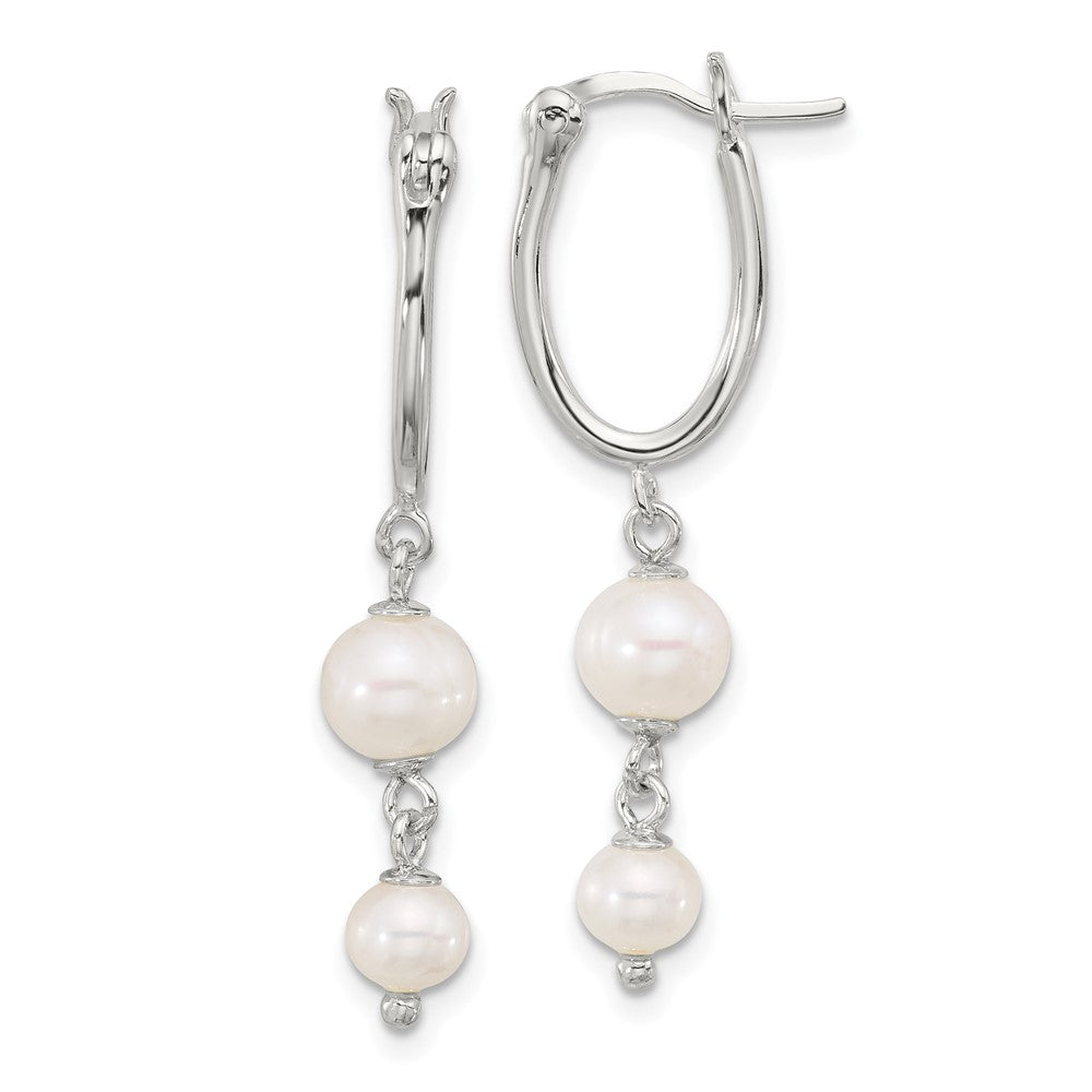 QE17241 Sterling Silver Polished Double FWC Pearl Dangle Oval Hoop Earrings