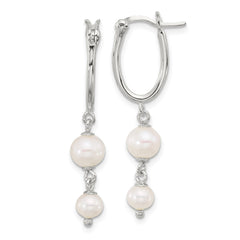 QE17241 Sterling Silver Polished Double FWC Pearl Dangle Oval Hoop Earrings
