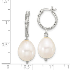 QE17242 Sterling Silver Polished Teardrop FWC Pearl Dangle Round Hoop Earrings