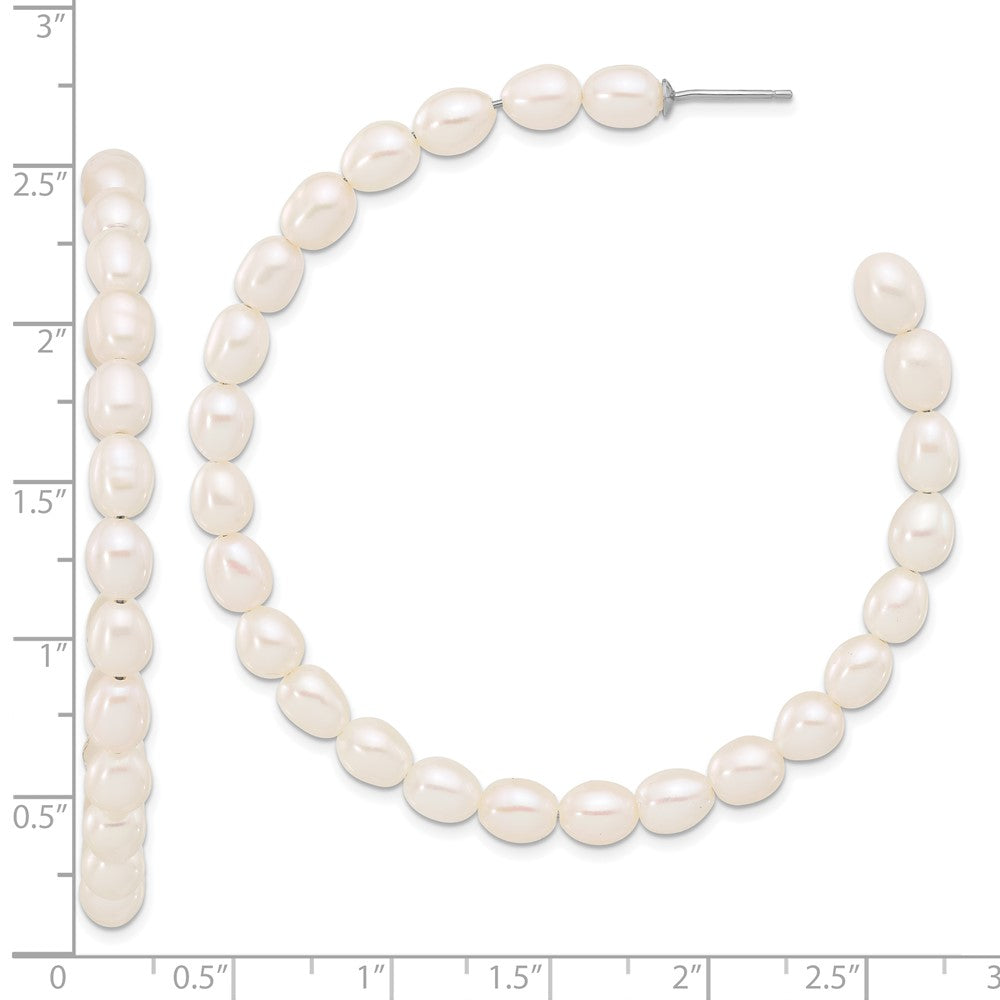 QE17245 Sterling Silver Rhodium-plated 5-6mm White Rice Freshwater Cultured Pearl Post C-Hoop Earrings