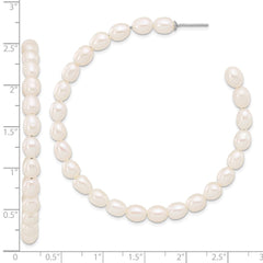 QE17245 Sterling Silver Rhodium-plated 5-6mm White Rice Freshwater Cultured Pearl Post C-Hoop Earrings