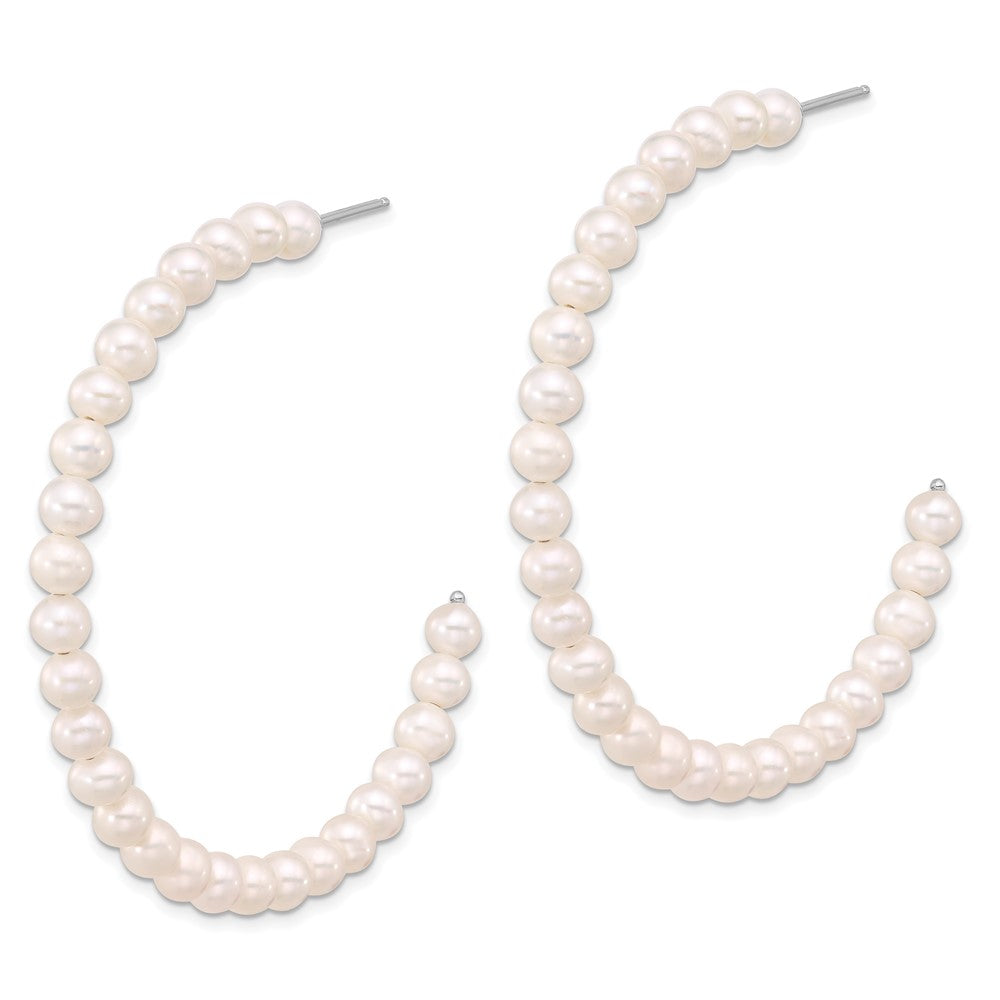 QE17246 Sterling Silver Rhodium-plated 4-5mm White Semi-Round Freshwater Cultured Pearl C-Hoop Earrings