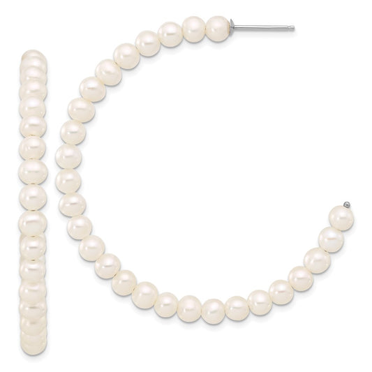 QE17246 Sterling Silver Rhodium-plated 4-5mm White Semi-Round Freshwater Cultured Pearl C-Hoop Earrings