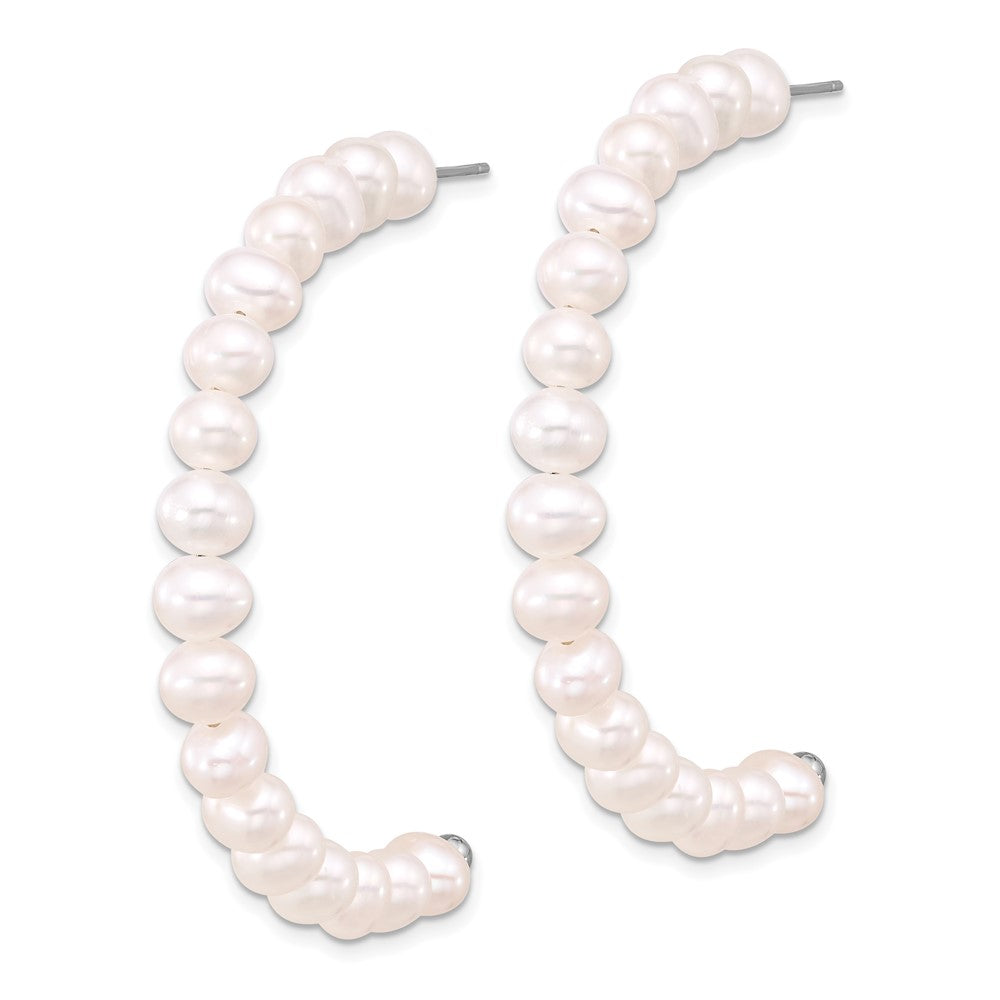 QE17247 Sterling Silver Rhodium-plated 5-6mm White Semi-Round Freshwater Cultured Pearl Post J-Hoop Earrings