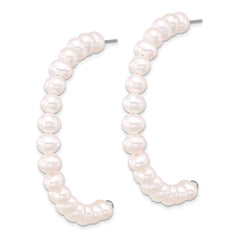 QE17247 Sterling Silver Rhodium-plated 5-6mm White Semi-Round Freshwater Cultured Pearl Post J-Hoop Earrings