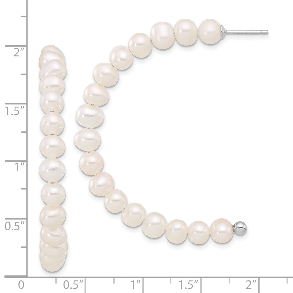 QE17247 Sterling Silver Rhodium-plated 5-6mm White Semi-Round Freshwater Cultured Pearl Post J-Hoop Earrings