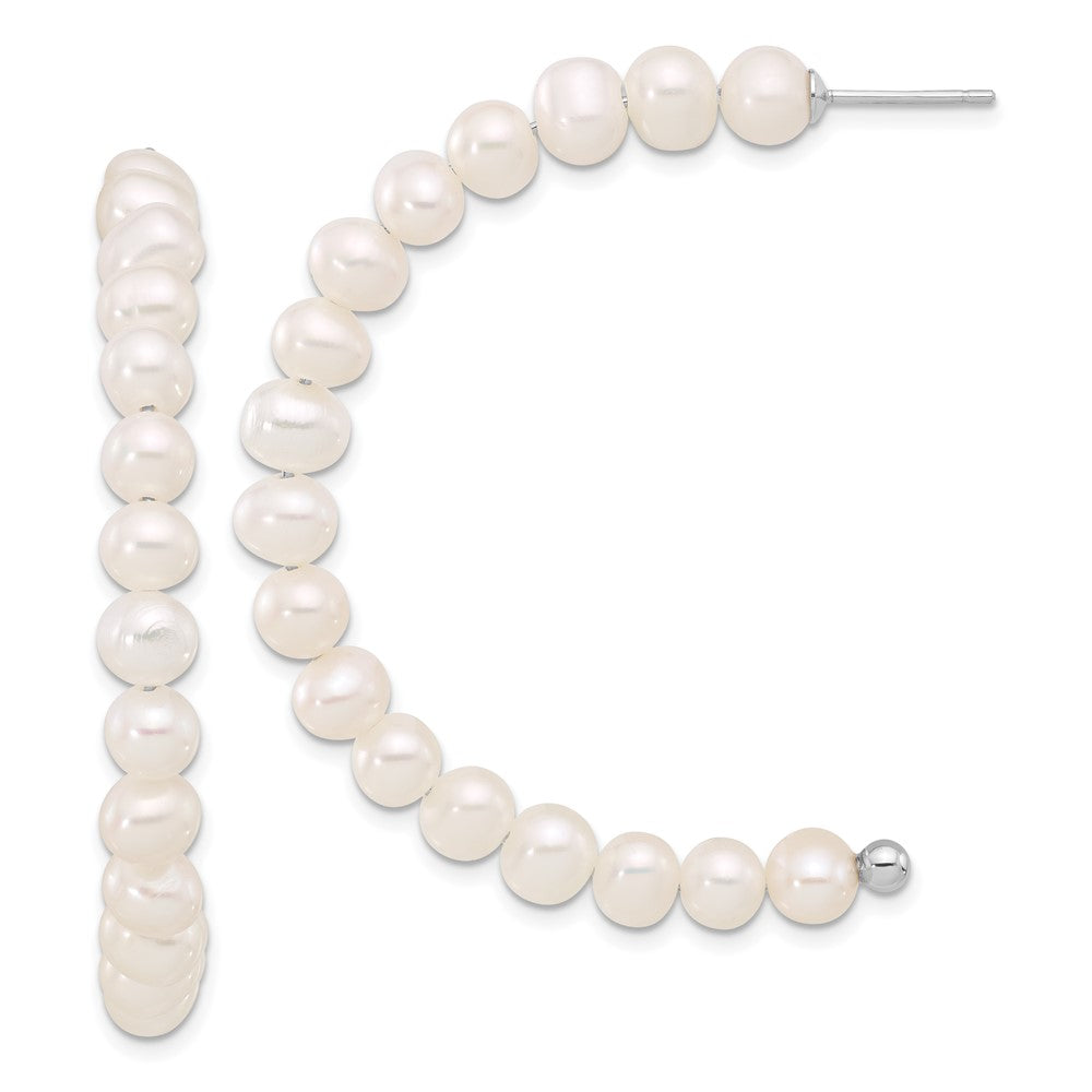 QE17247 Sterling Silver Rhodium-plated 5-6mm White Semi-Round Freshwater Cultured Pearl Post J-Hoop Earrings