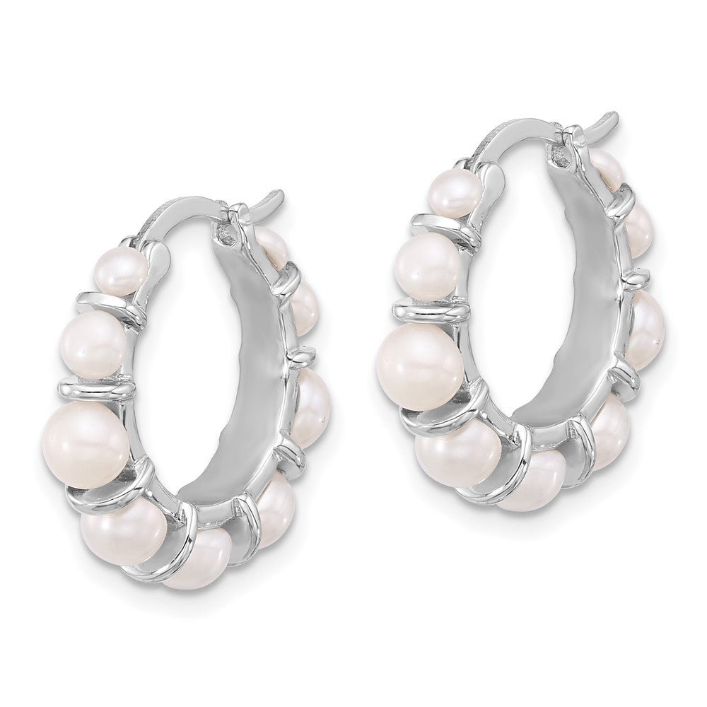 QE17249 Sterling Silver Rhodium-plated 2-5mm White Button Freshwater Cultured Pearl Round Hoop Earrings