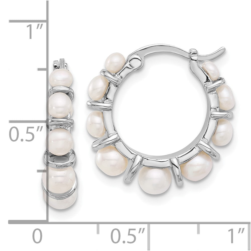 QE17249 Sterling Silver Rhodium-plated 2-5mm White Button Freshwater Cultured Pearl Round Hoop Earrings