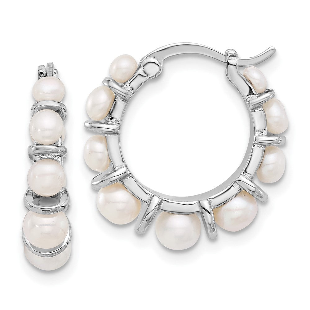 QE17249 Sterling Silver Rhodium-plated 2-5mm White Button Freshwater Cultured Pearl Round Hoop Earrings