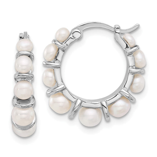QE17249 Sterling Silver Rhodium-plated 2-5mm White Button Freshwater Cultured Pearl Round Hoop Earrings