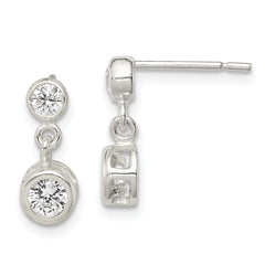 QE1724 Sterling Silver Polished Round CZ Bezel Set Post Dangle Earrings