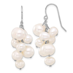 QE17250 Sterling Silver Rhodium-plated 6-10mm White Near-Round Freshwater Cultured Pearl Dangle Earrings