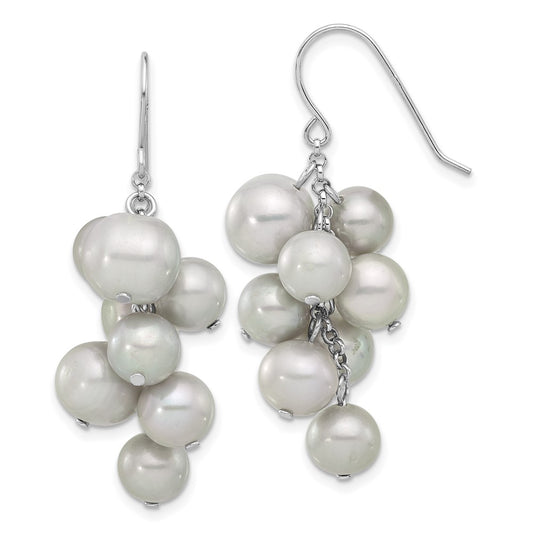 QE17252 Sterling Silver Rhodium-plated 6-10mm Grey Near-Round Freshwater Cultured Pearl Dangle Earrings