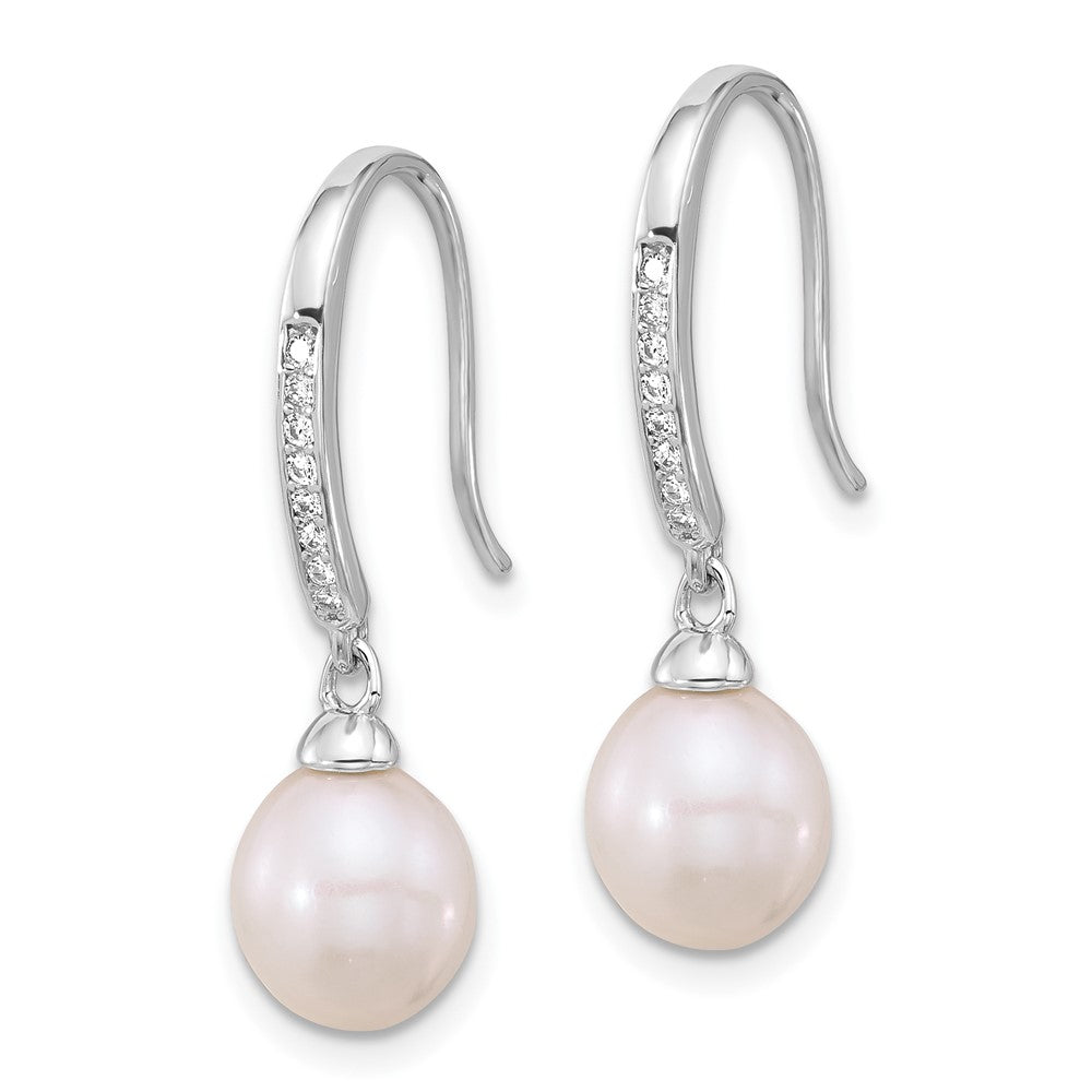 QE17254 Sterling Silver Rhodium-plated 7-8mm White Teardrop Freshwater Cultured Pearl and CZ Dangle Earrings