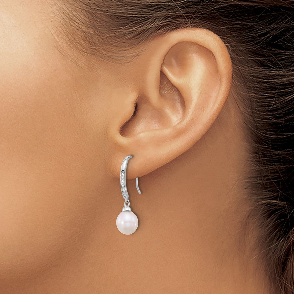 QE17254 Sterling Silver Rhodium-plated 7-8mm White Teardrop Freshwater Cultured Pearl and CZ Dangle Earrings