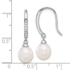 QE17254 Sterling Silver Rhodium-plated 7-8mm White Teardrop Freshwater Cultured Pearl and CZ Dangle Earrings