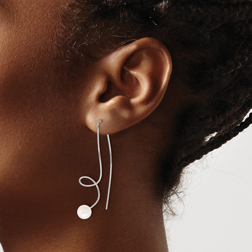 QE17257 Sterling Silver Rhodium-plated 6-7mm White Button Freshwater Cultured Pearl Twisted Threader Earrings