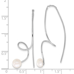 QE17257 Sterling Silver Rhodium-plated 6-7mm White Button Freshwater Cultured Pearl Twisted Threader Earrings