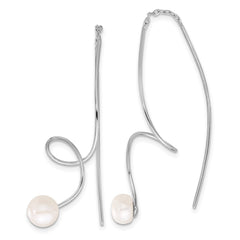 QE17257 Sterling Silver Rhodium-plated 6-7mm White Button Freshwater Cultured Pearl Twisted Threader Earrings
