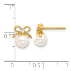 QE17262 Sterling Silver Gold-tone Polished CZ and Synthetic Pearl Bow Post Earrings