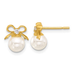 QE17262 Sterling Silver Gold-tone Polished CZ and Synthetic Pearl Bow Post Earrings