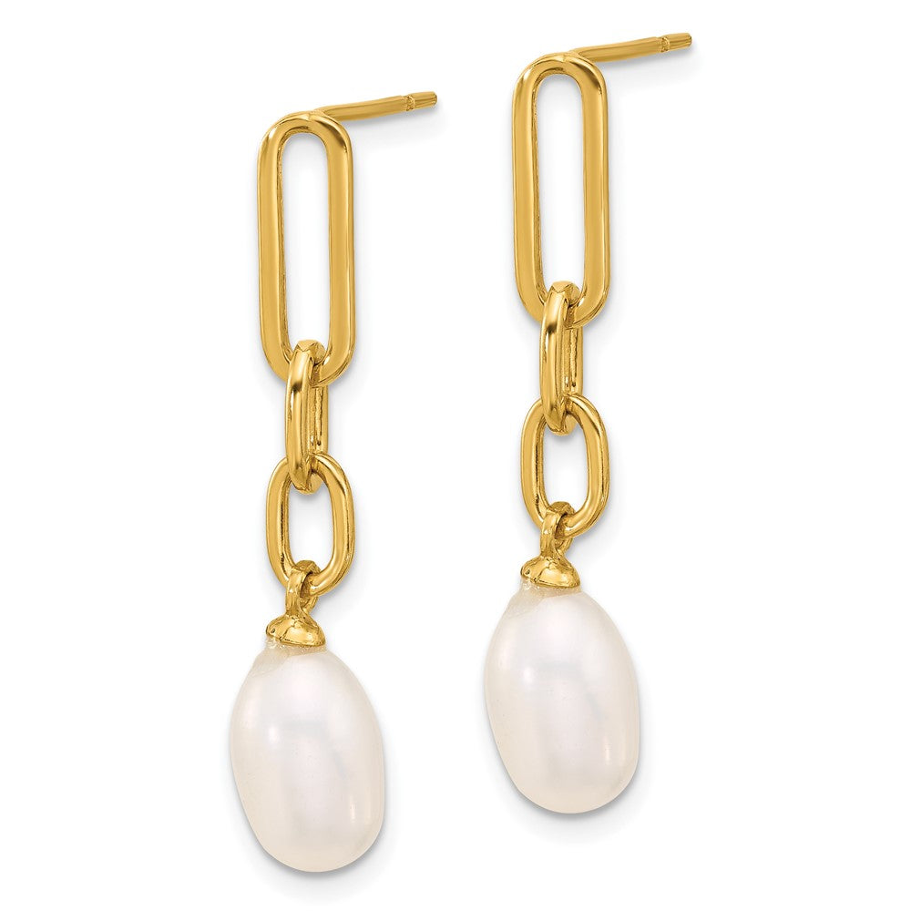 QE17270GP Sterling Silver Gold-tone Polished Synthetic Pearl Link Dangle Earrings