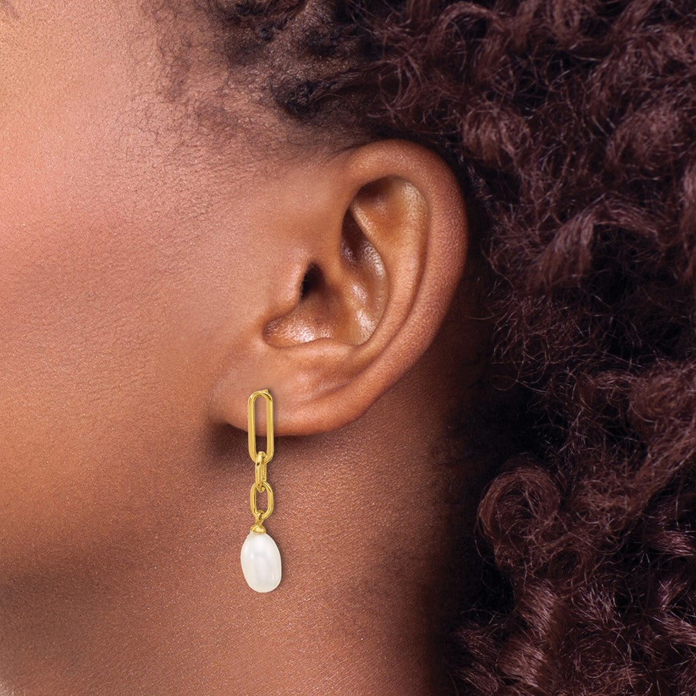 QE17270GP Sterling Silver Gold-tone Polished Synthetic Pearl Link Dangle Earrings