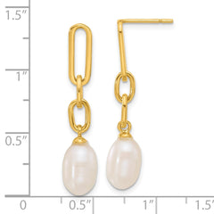 QE17270GP Sterling Silver Gold-tone Polished Synthetic Pearl Link Dangle Earrings