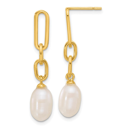 QE17270GP Sterling Silver Gold-tone Polished Synthetic Pearl Link Dangle Earrings