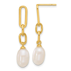 QE17270GP Sterling Silver Gold-tone Polished Synthetic Pearl Link Dangle Earrings