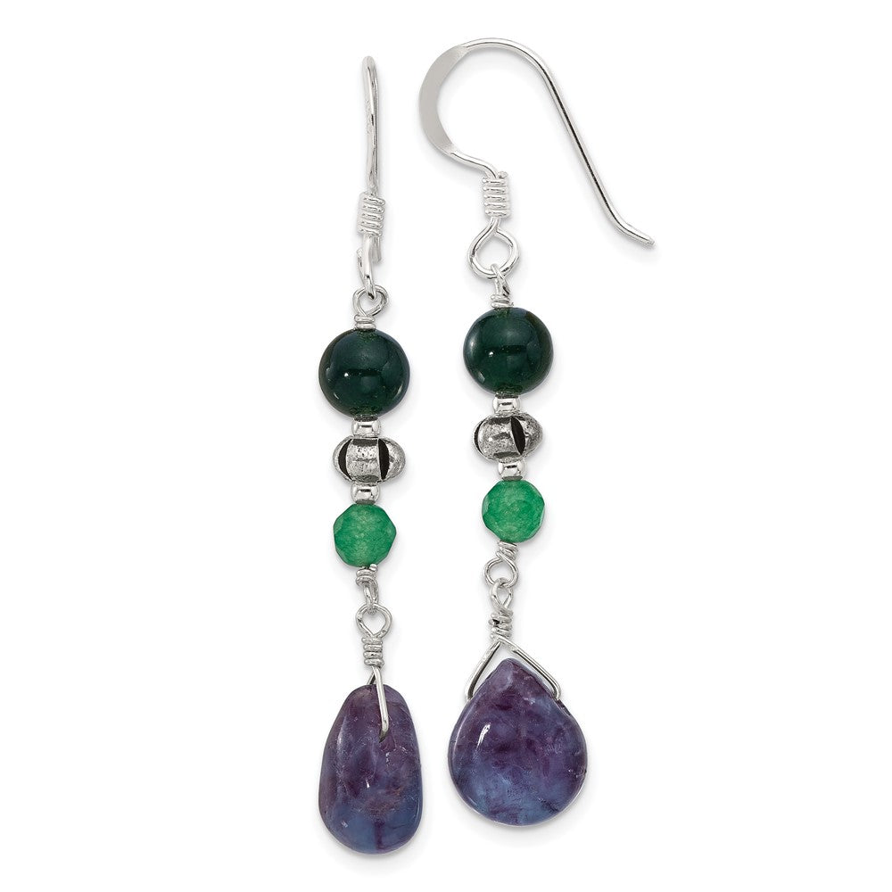 QE17289 Sterling Silver Antiqued Aventurine/Fluorite/Quartz Dangle Earrings