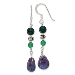 QE17289 Sterling Silver Antiqued Aventurine/Fluorite/Quartz Dangle Earrings