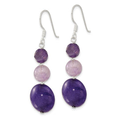 QE17302 Sterling Silver Polished Amethyst and Purple Quartz Dangle Earrings
