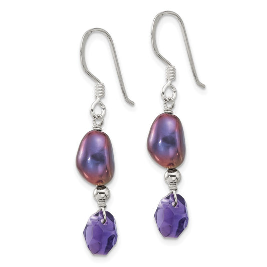 QE17304 Sterling Silver Polished FWC Pearl and Purple Quartz Dangle Earrings