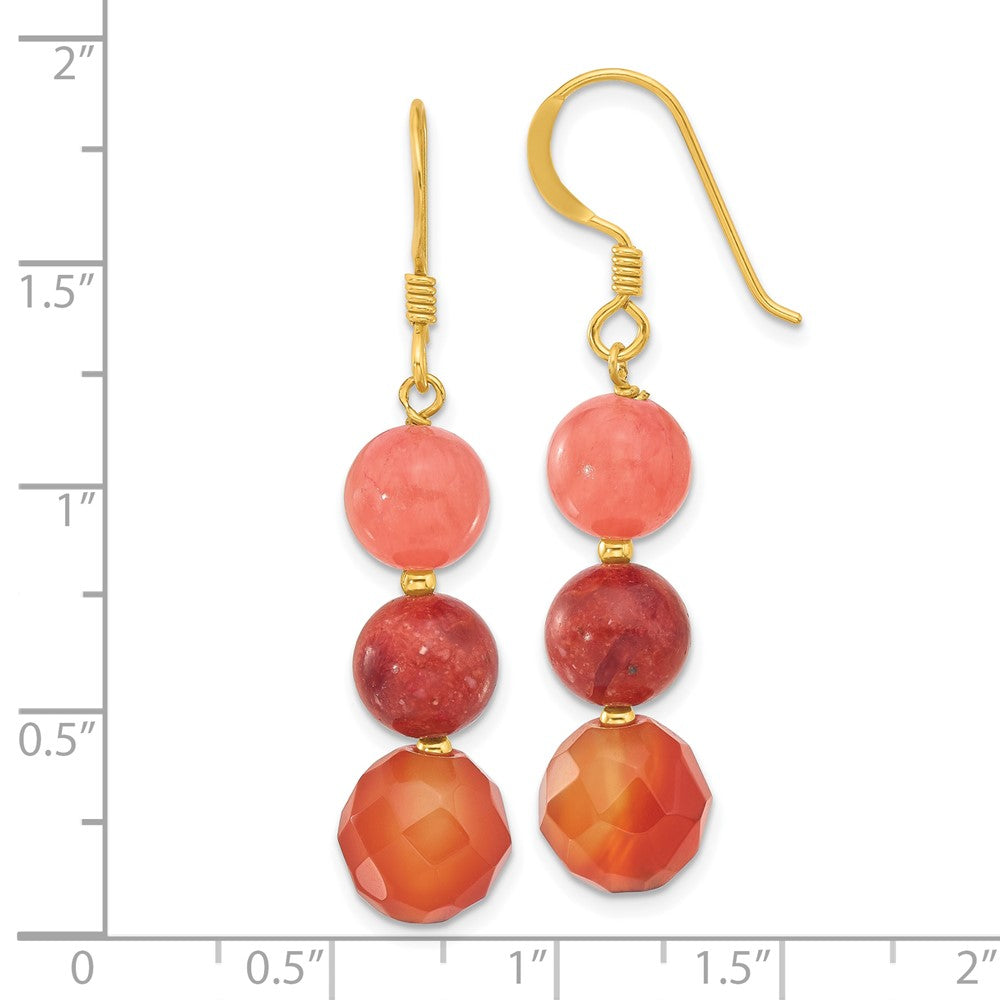 QE17315 Sterling Silver Gold-plated Carnelian/Quartz/Recon. Coral Dangle Earrings