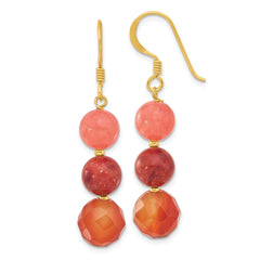 QE17315 Sterling Silver Gold-plated Carnelian/Quartz/Recon. Coral Dangle Earrings