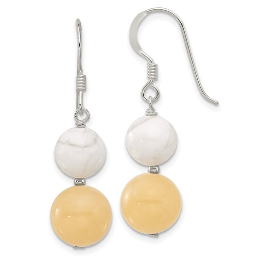 QE17330 Sterling Silver Polished White Howlite and Yellow Jade Dangle Earrings
