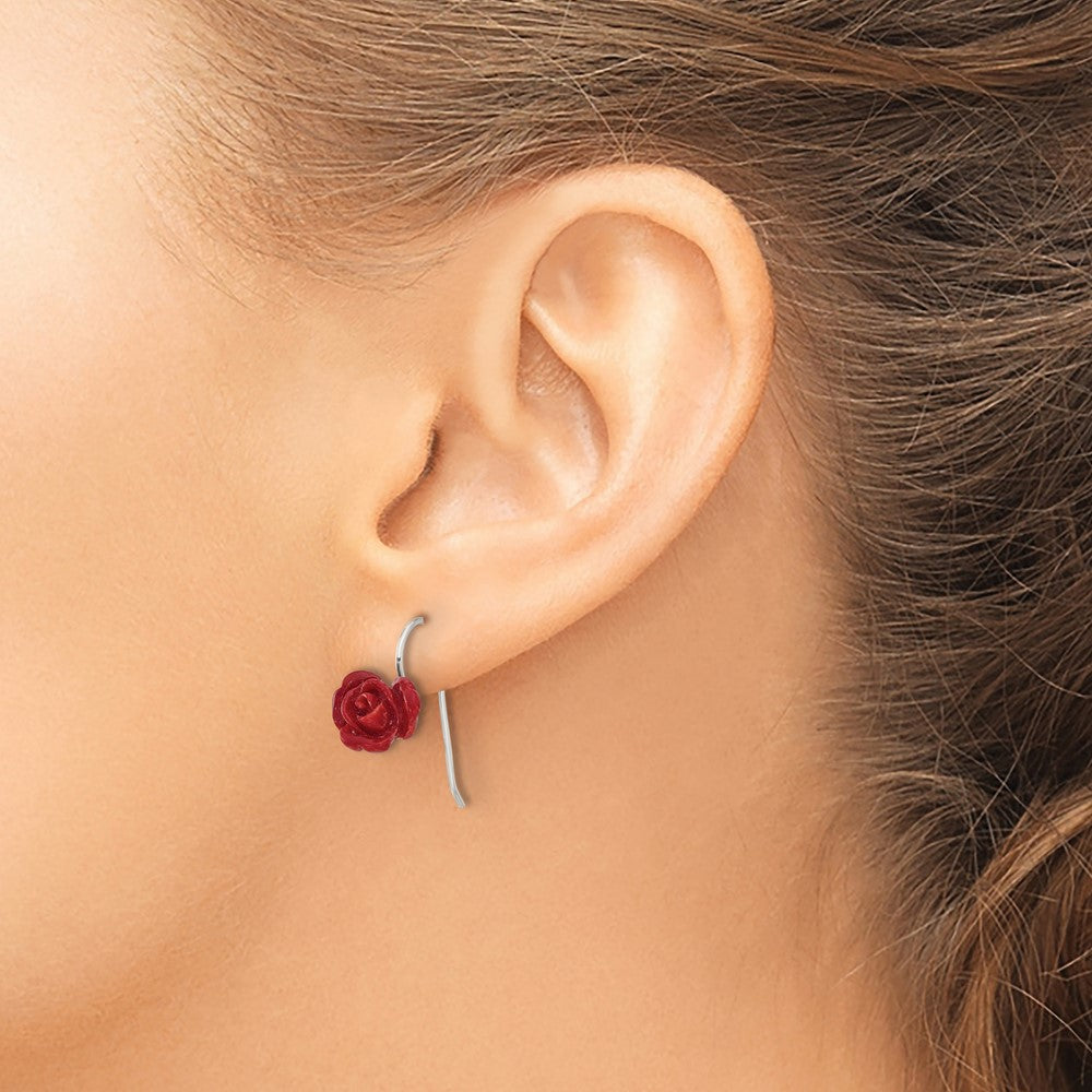QE17332 Sterling Silver Polished Red Coral Rose Dangle Earrings