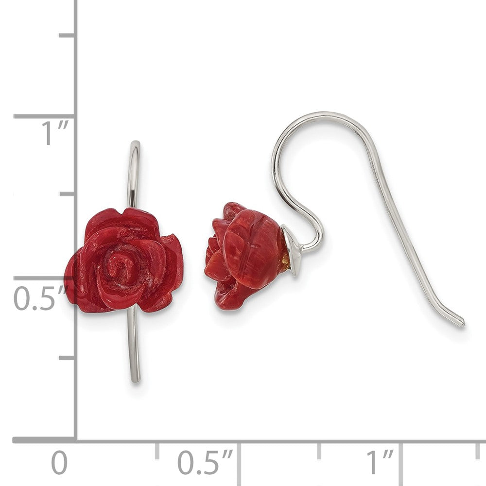 QE17332 Sterling Silver Polished Red Coral Rose Dangle Earrings