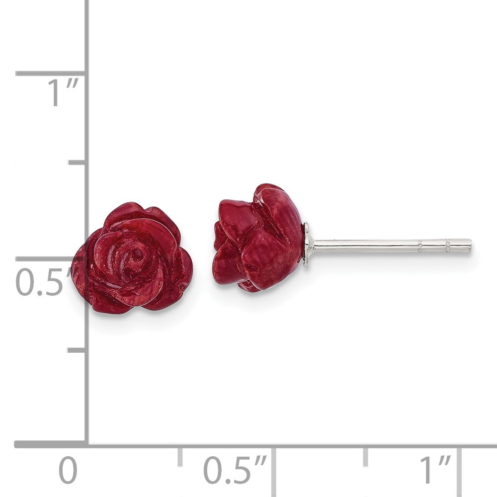 QE17333 Sterling Silver Polished Red Coral Rose Post Earrings