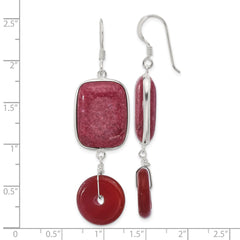 QE17335 Sterling Silver Polished Carnelian and Red Jade Dangle Earrings