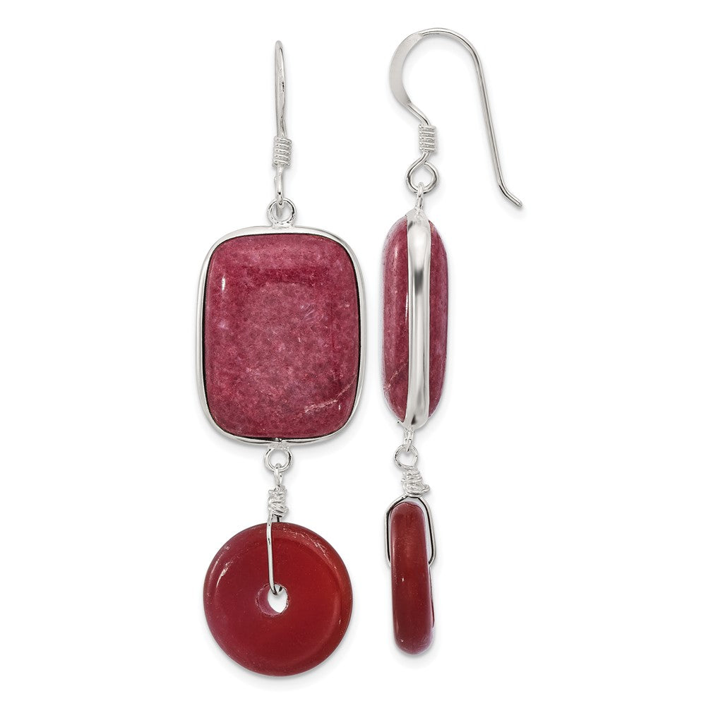 QE17335 Sterling Silver Polished Carnelian and Red Jade Dangle Earrings