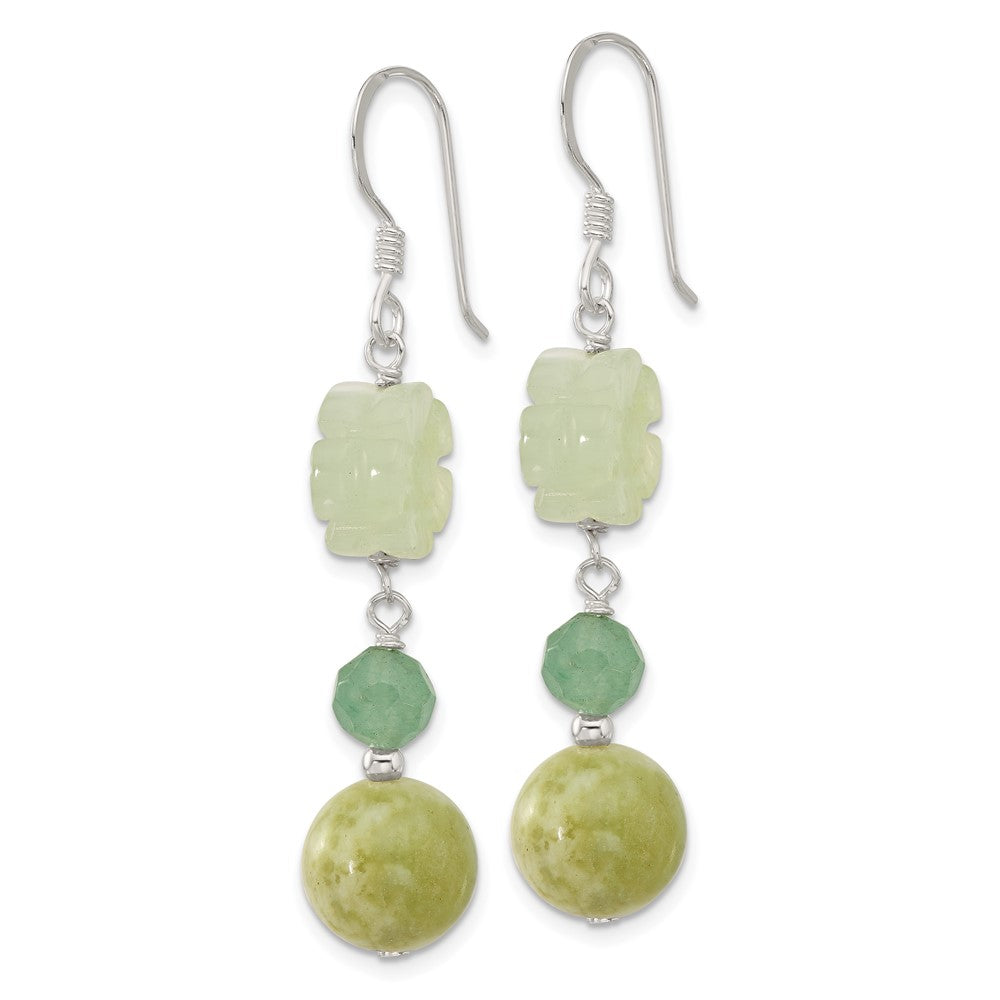 QE17349 Sterling Silver Polished Aventurine & Jade Flower Dangle Earrings