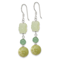 QE17349 Sterling Silver Polished Aventurine & Jade Flower Dangle Earrings