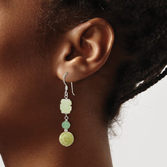 QE17349 Sterling Silver Polished Aventurine & Jade Flower Dangle Earrings