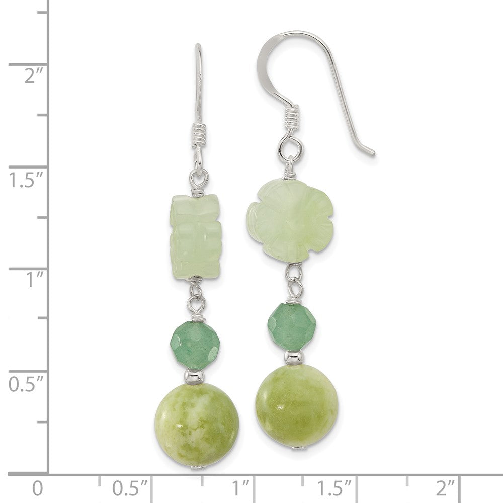 QE17349 Sterling Silver Polished Aventurine & Jade Flower Dangle Earrings