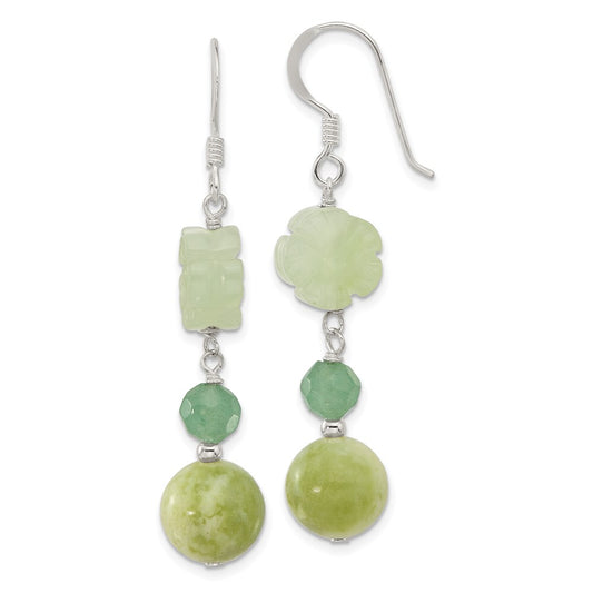 QE17349 Sterling Silver Polished Aventurine & Jade Flower Dangle Earrings