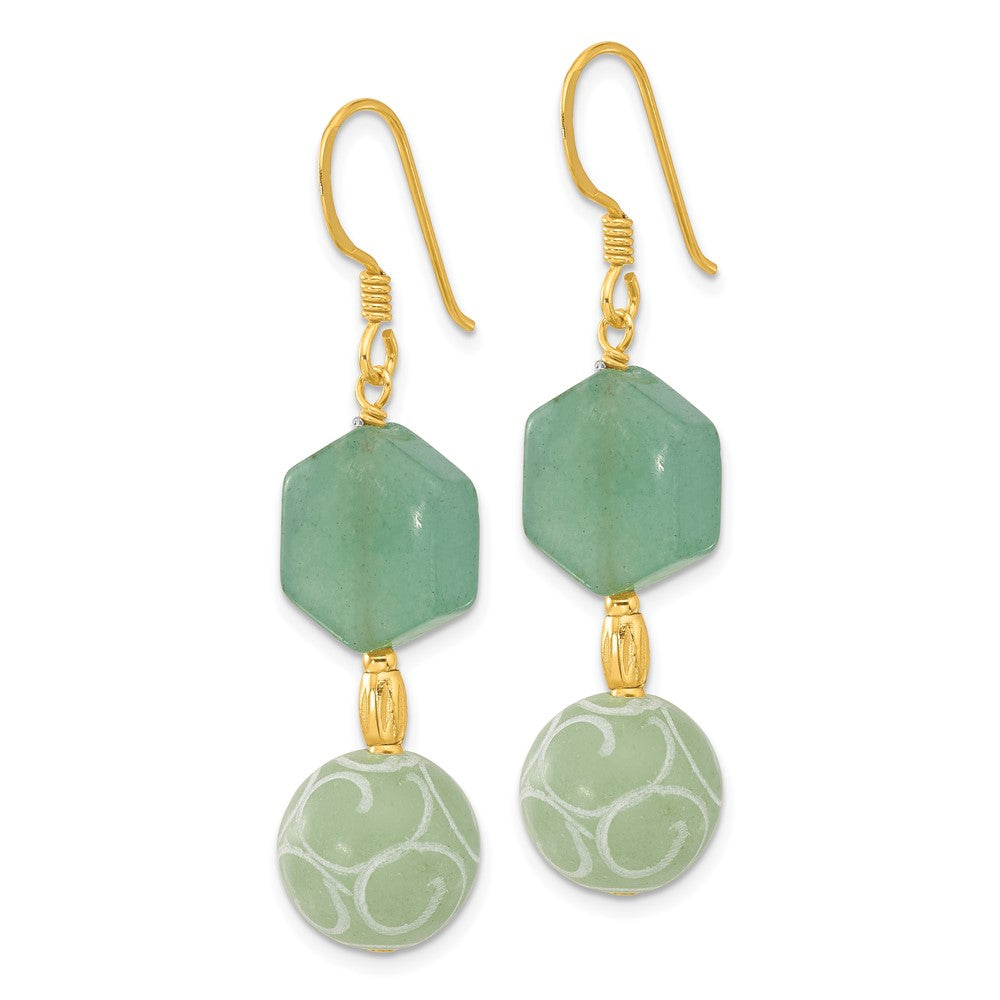 QE17350 Sterling Silver Gold-pltd Hexagon Aventurine & Swirl Jade Dangle Earrings